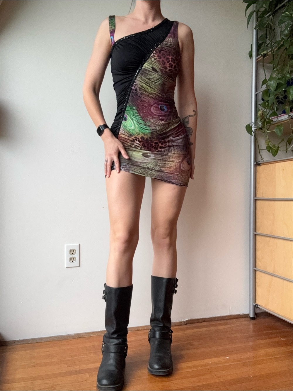 Kimikal Y2K Black and Peacock Print Asymmetrical Mini Dress